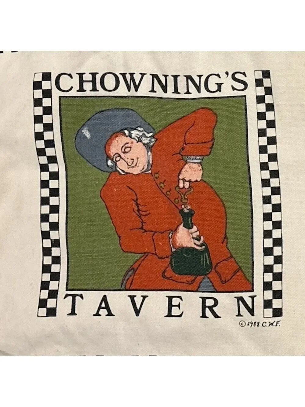 2PC 80s WILLIAMSBURG CWF COTTON TOTE WHIMSY CHOWNINGS TAVERN & KINGS ARMS TAVERN